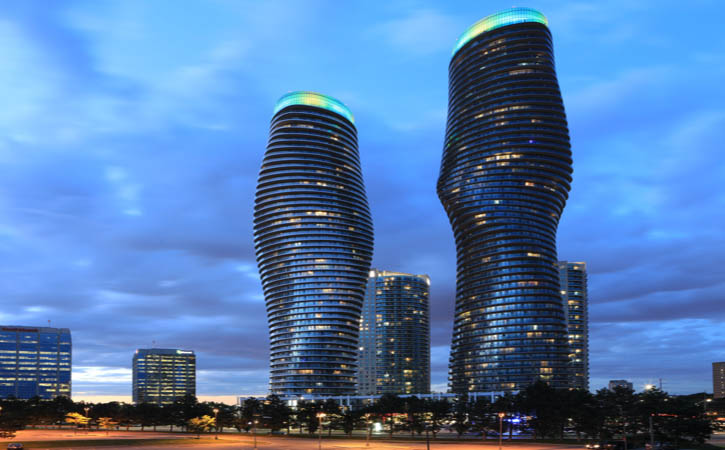 The Absolute World, condominiums in Mississauga, Canada at twilight